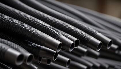 Hose end fittings, highlighting the texture and form of multiple black industrial hoses for a factory or workshop setting