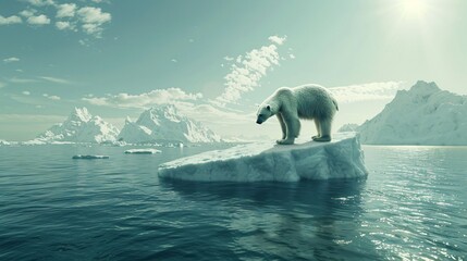 A polar bear on a shrinking ice floe surrounded by the open ocean, highlighting the effects of global warming