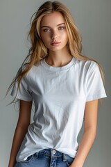 Fototapeta premium White tshirt mockup on woman model created with Generative AI