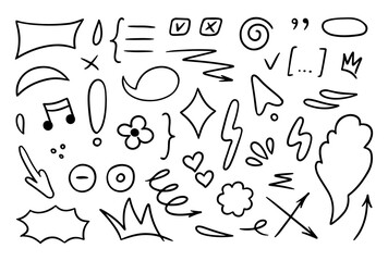 Hand drawn underlines, speech bubbles, arrows, strokes, hearts, crown. Sketch emphasis by pen, pencil or marker Vector design elements set.
