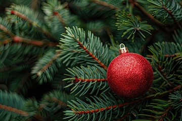 Obraz premium A red ornament hangs on a pine branch. This image is great for holiday-themed designs and backgrounds.