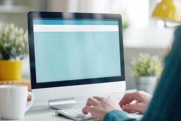 Person working on a computer at a desk, focusing on the screen, located in a modern home office setting with various decorative items.