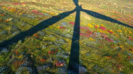 A wind turbine casting a long shadow over a field of flowers, symbolizing the promise of renewable energy