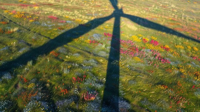 A wind turbine casting a long shadow over a field of flowers, symbolizing the promise of renewable energy - Powered by Adobe