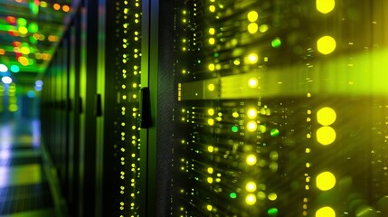 Obraz premium Glowing Green Server Racks In A Modern Data Center
