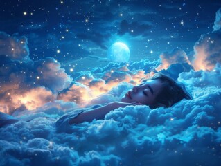 world sleep day. person peacefully sleeping amidst fluffy clouds, with stars twinkling above and a crescent moon casting its gentle glow.