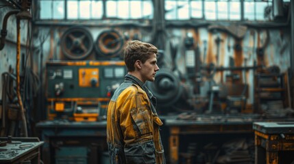 male worker stands in a workshop against an industrial background.