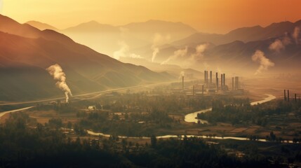 Fototapeta premium Industrial Sunset Over Mountains and River