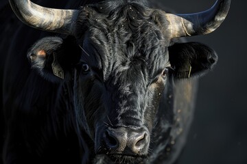 Naklejka premium Close-up portrait of black bull. Perfect for livestock, agriculture, or farming concepts.