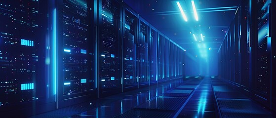 Obraz premium Futuristic glowing blue server room with floating particles