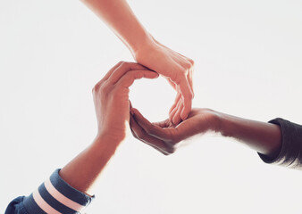 Hands, circle and group of people with unity, collaboration and support for diversity and...