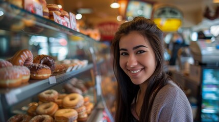 Cropped shot of smiling woman posing at donut shop looking at camera
