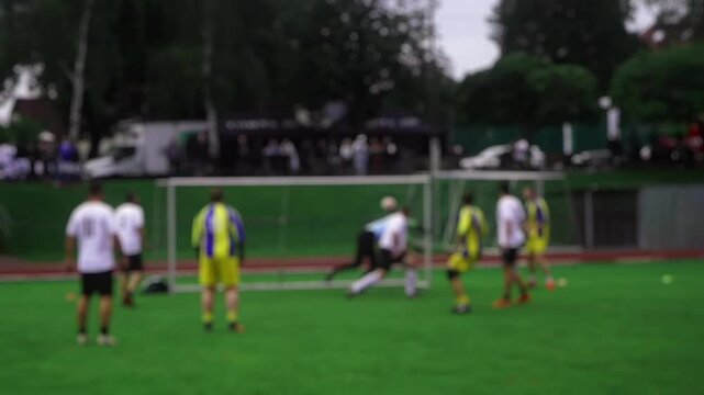 an amateur football match. a football player scores a goal. the goalkeeper misses the ball. blur