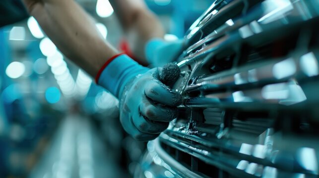This image captures a close-up of hands wearing gloves while meticulously polishing a car grille in an automotive factory, highlighting precision and attention to detail.