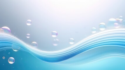 Abstract flowing waves with soap bubbles on white background with beautiful bokeh and with copy space