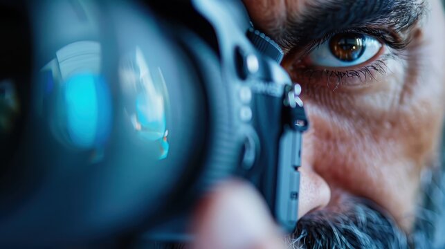 A close-up image of a photographer with intense focus on the camera lens, capturing a precise moment or composition, with the environment reflected in the lens surface.