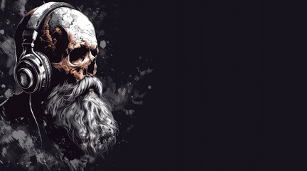 Skull of an old man with a thick beard wearing headphones on a dark background, poster, banner, on the right there is free space for text