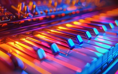 Obraz premium Innovative Neonlit Piano Accordion in 3D CloseUp with Bright Colors