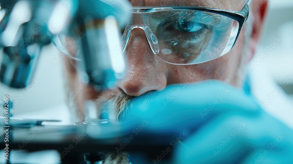 Poster macro shot of a microscope adjusting to examine a sample, with a blurred bokeh background, symbolizi