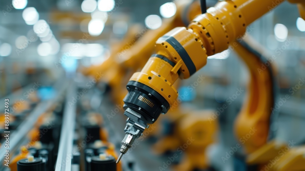 Poster an advanced robotic assembly arm actively working on an industrial assembly line, featuring high-tec