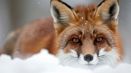 Fototapeta premium A red fox with snow resting on its fur, looking intently ahead in a wintry setting, exemplifying the beauty and survival instincts of wildlife in cold environments.