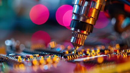 A high-precision robotic arm engaged in assembling or testing a circuit board with intricate details, highlighted by vivid colored lights in a modern tech setting.