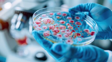 A scientist's gloved hands displaying a petri dish with colorful fungal cultures, symbolizing the ongoing research and scientific experimentation happening in modern laboratories.