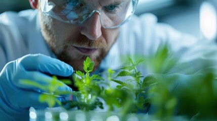 Scientist wearing blue gloves analyzes plant samples in a modern laboratory, indicative of scientific research in agricultural biotechnology and sustainable solutions.