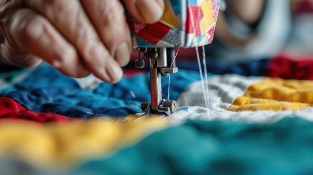 A close-up photo of a sewing machine quilting a vibrant patchwork fabric, highlighting the precise needlework and detailed patterns created in the quilting process.