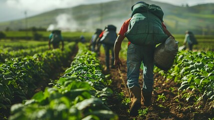 Migrant workers in a field with harsh working conditions, highlighting their exploitation
