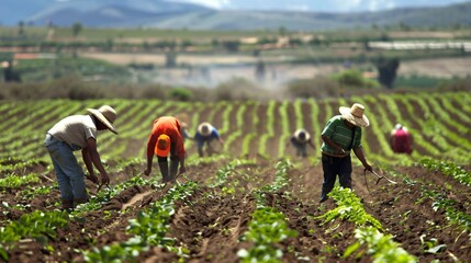 Migrant workers in a field with harsh working conditions, highlighting their exploitation