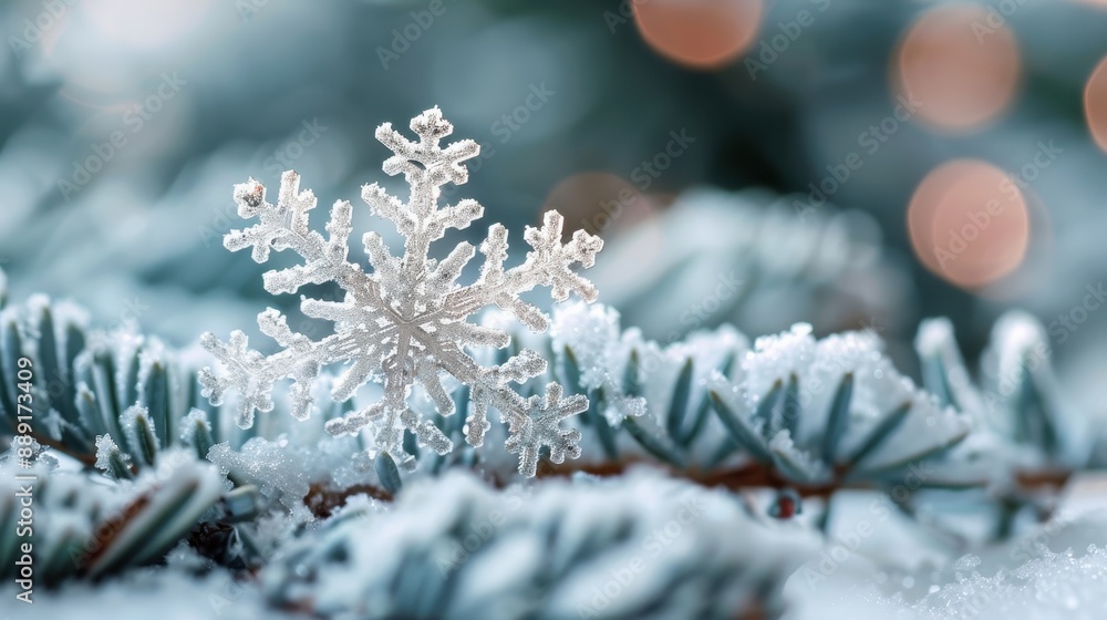 Poster this image captures a magnified view of a snowflake perched on a pine tree branch, detailed against 