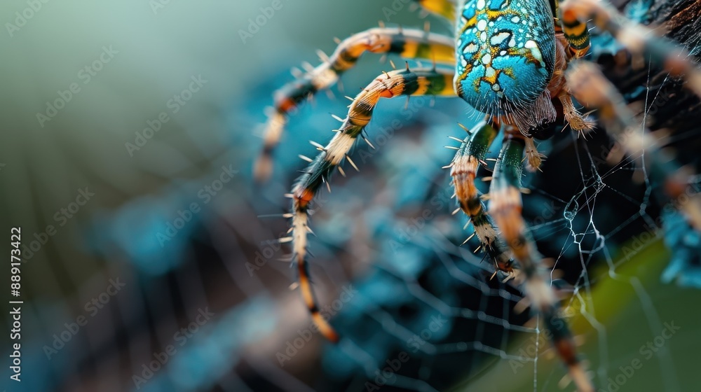 Poster the close-up image captures a vividly colored spider with intricate patterns on its body, crawling o