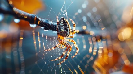 The image showcases a spider diligently spinning its intricate web on a branch against a dusk backdrop, capturing the natural beauty and persistence in its craft.