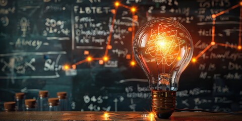 Obraz premium A glowing lightbulb with a visible atom design, in front of a chalkboard covered in scientific formulas.