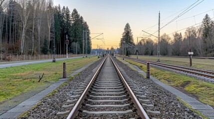 Fototapeta premium A view down the middle of train tracks as they split at a crossing. The tracks are surrounded by gravel and grass