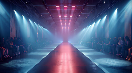 Empty floodlit catwalk for a fashion show with an audience. Trendy style event background