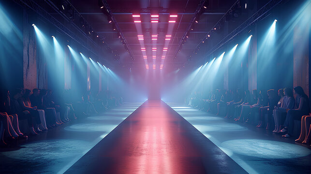 Empty floodlit catwalk for a fashion show with an audience. Trendy style event background