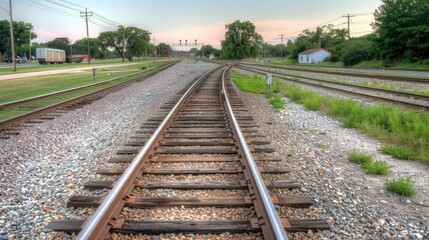 Fototapeta premium A view down the middle of train tracks as they split at a crossing. The tracks are surrounded by gravel and grass