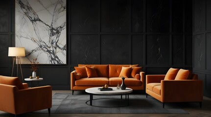 Orange velvet sofa against of black paneling wall with marble poster. Interior design of modern living room.generative.ai