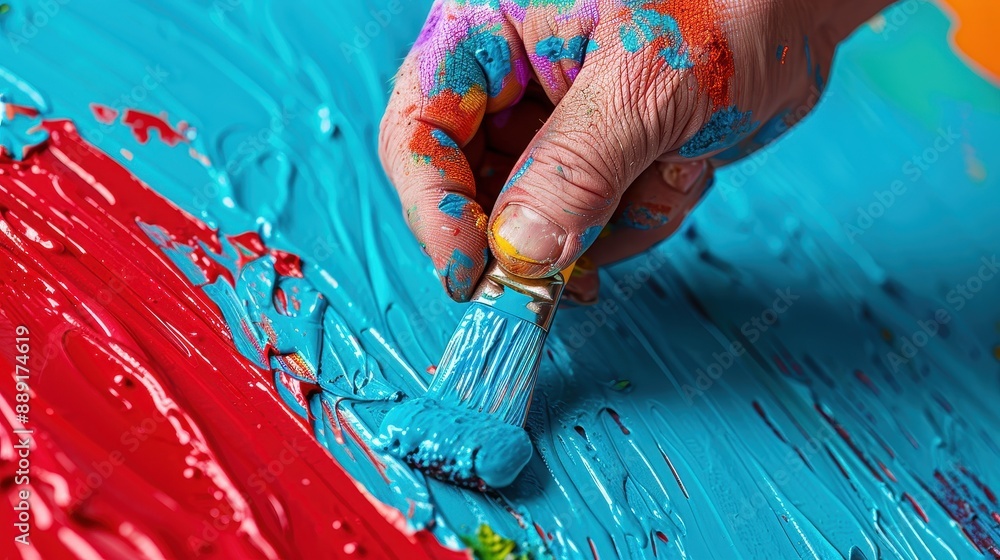 Poster the image shows a hand energetically applying vibrant colors of paint with a small brush on canvas, 