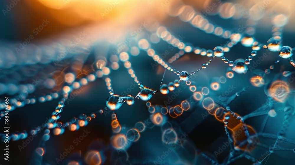 Poster close-up of a spider web at dawn sparkling with dew droplets, capturing the vibrant and delicate bea