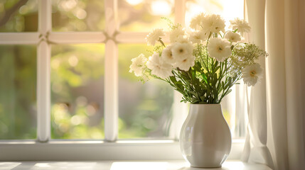A vase filled with colorful flowers sat on the table by the window. sunlight shining through the window Makes the flowers shine and cast a gentle shadow.