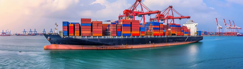 Fototapeta premium Cargo ship unloading at port with cranes and containers, global delivery, international trade and shipping industry