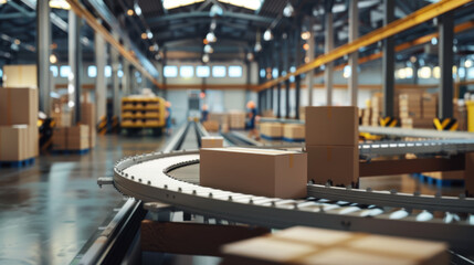 Modern warehouse with conveyor belt system and cardboard boxes in a distribution facility