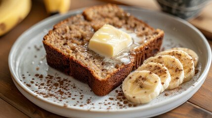 Sliced banana bread with melting butter and banana slices on a white plate, sprinkled with cinnamon