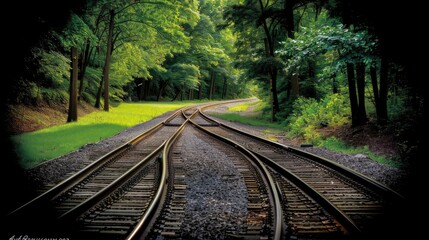 Fototapeta premium A view down the middle of train tracks as they split at a crossing. The tracks are surrounded by gravel and grass