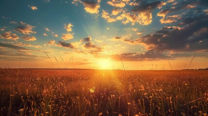 Fototapeta premium Golden sunset over a serene field with wild grasses