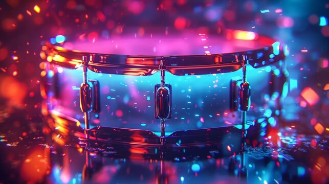 Single drum illuminated by neon lights with confetti in background