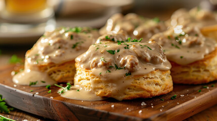 Flaky biscuits topped with creamy sausage gravy garnished with parsley on a wooden board